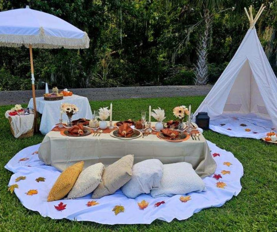 This is an image of a Fall Picnic package with a tent and umbrella too.